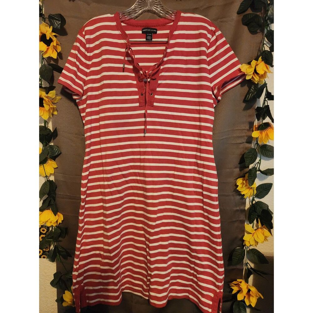 American Living Women's Red & White Striped Lace-Up T-Shirt Dress Size XL Casual
